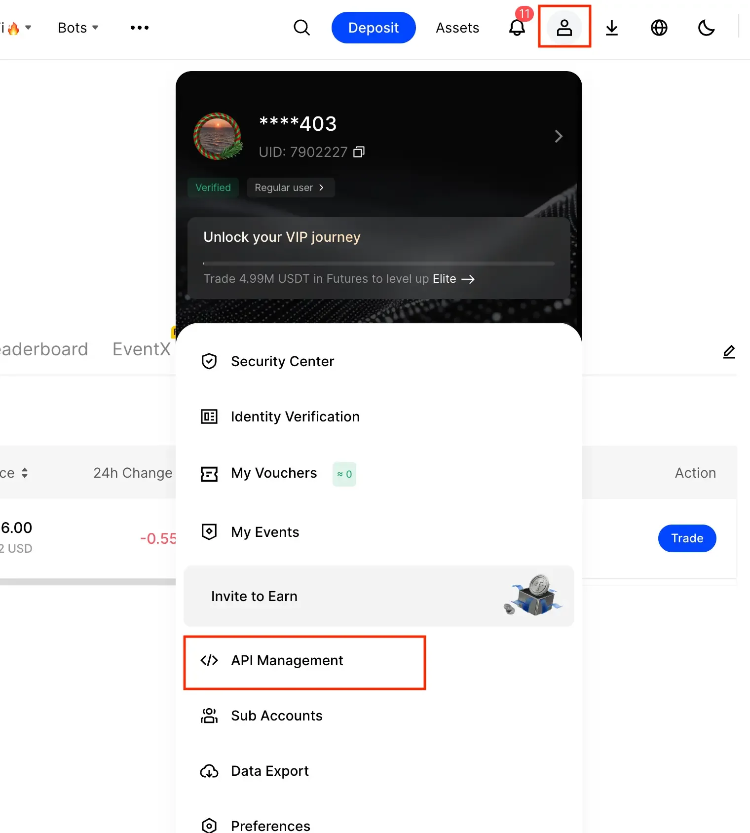 BingX profile menu with API Management highlighted