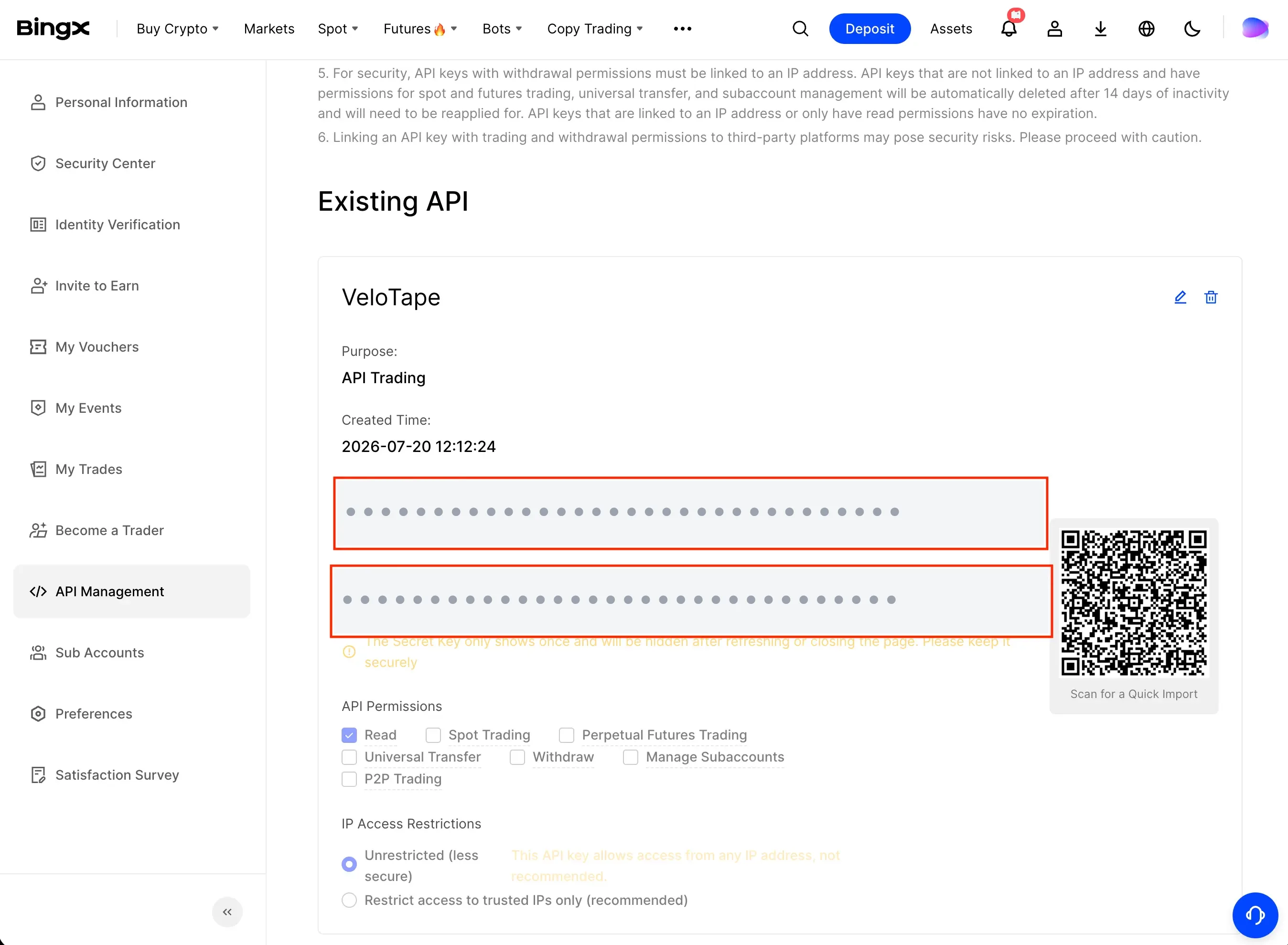 BingX API details with API Key and Secret Key fields highlighted (values masked)