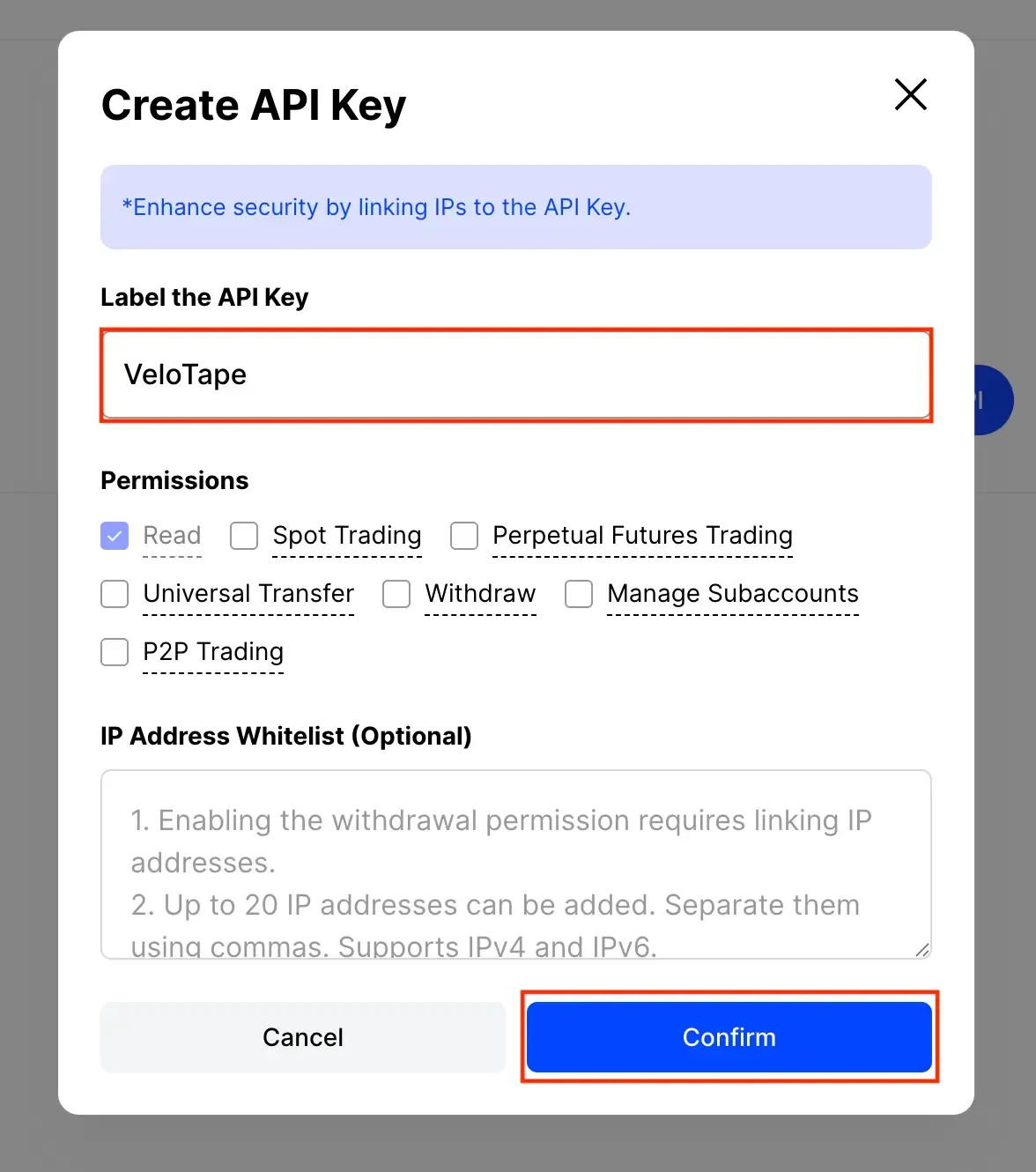 BingX Create API Key dialog with VeloTape label, Read permission, and Confirm highlighted