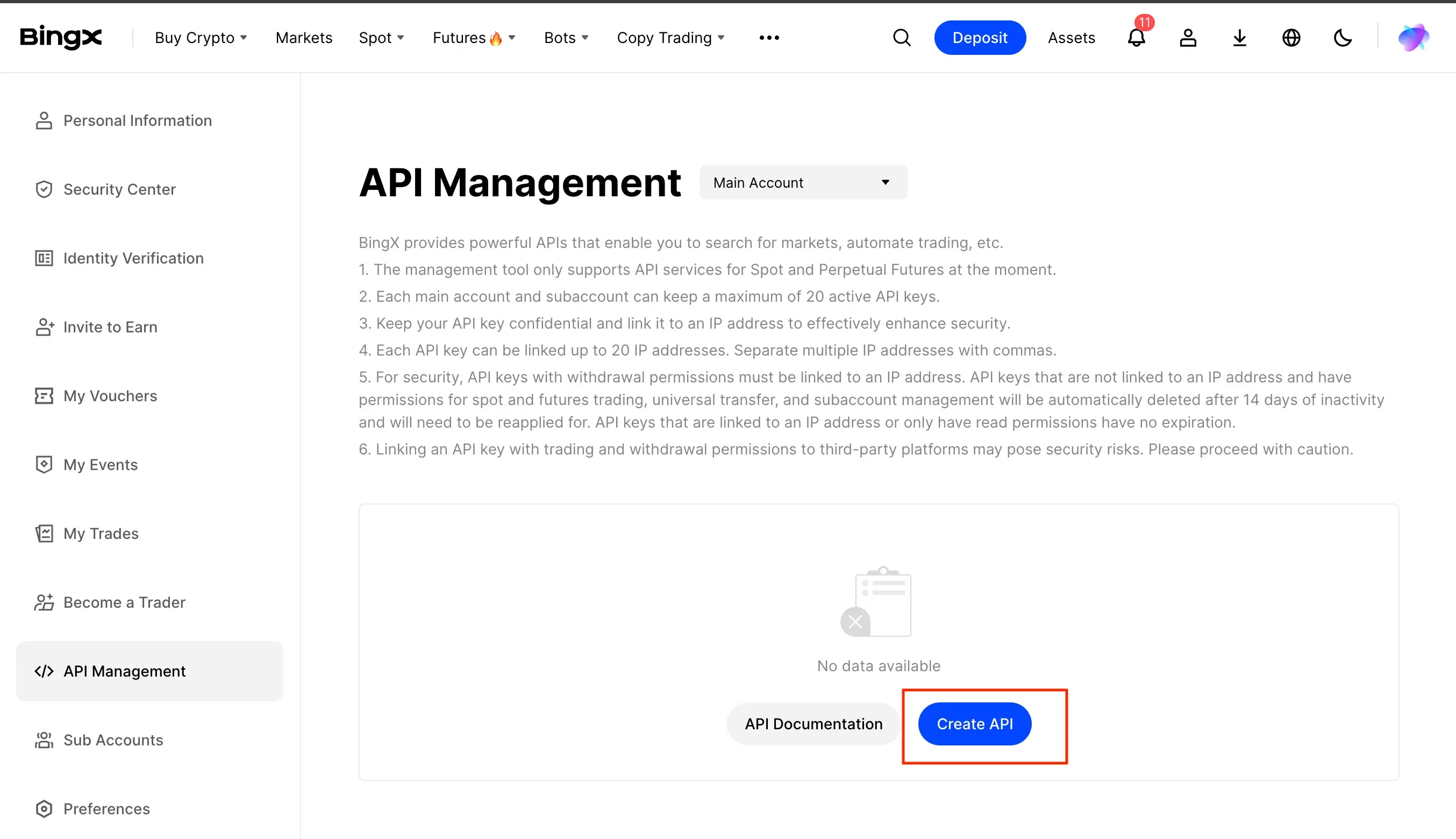 BingX API Management page with Create API highlighted