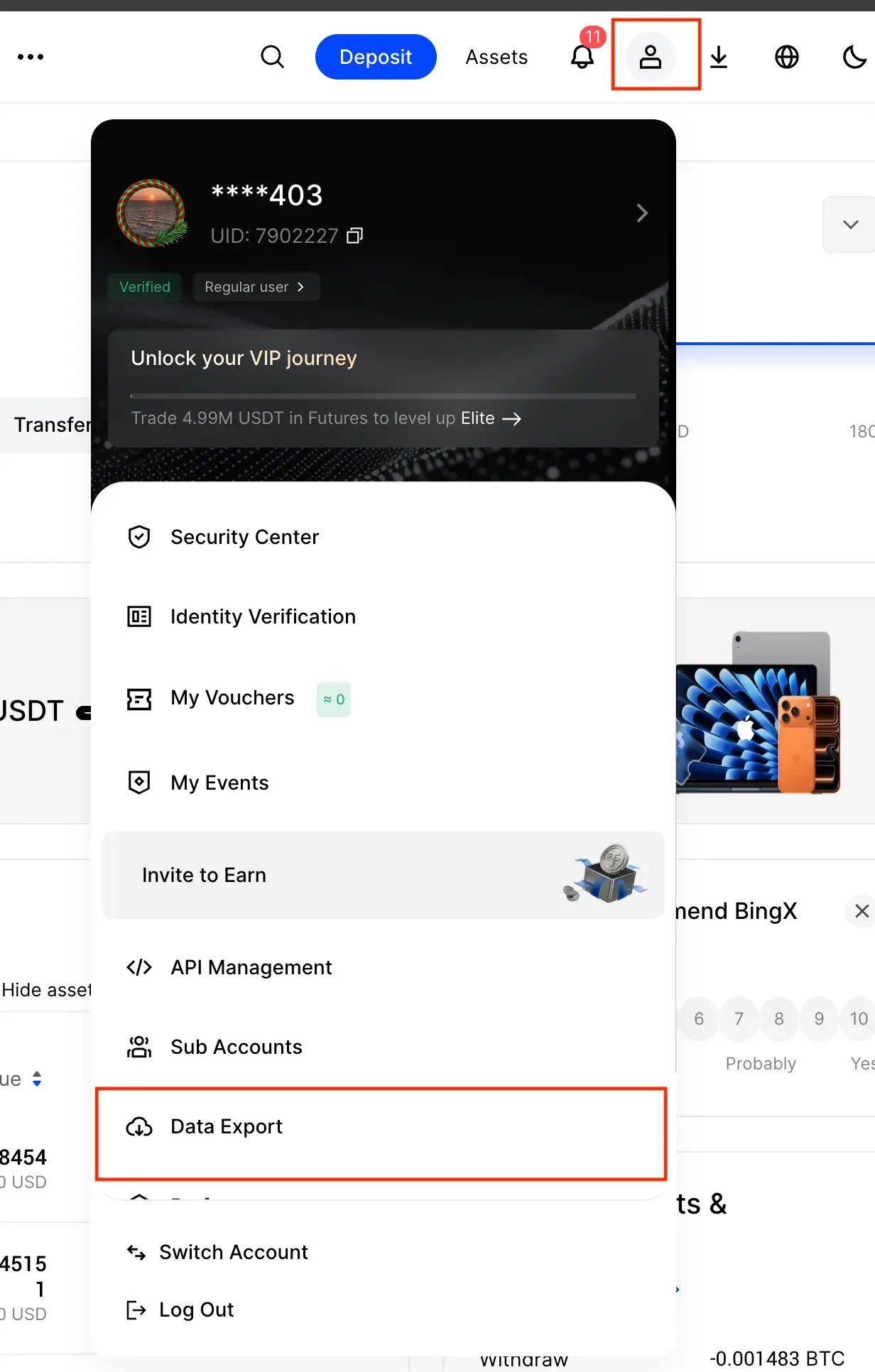BingX profile menu with Data Export highlighted