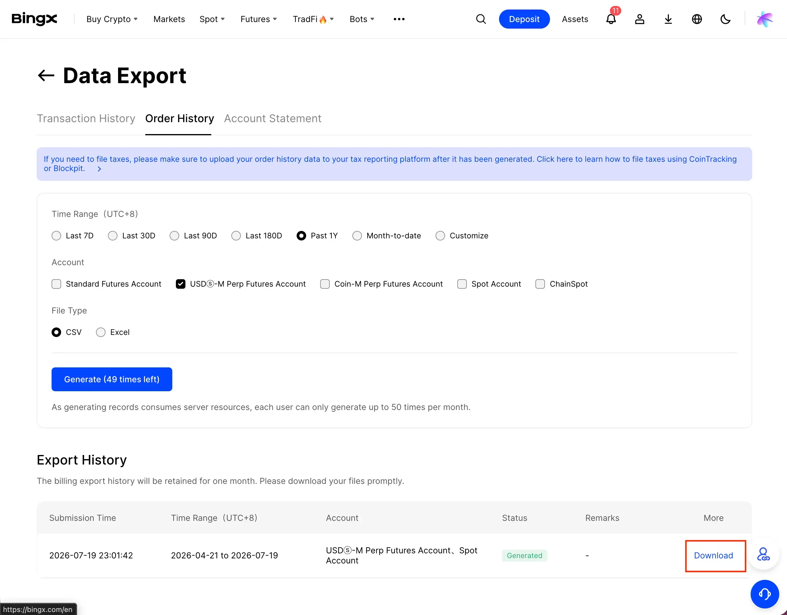 BingX Export History with Download highlighted for a generated Order History CSV