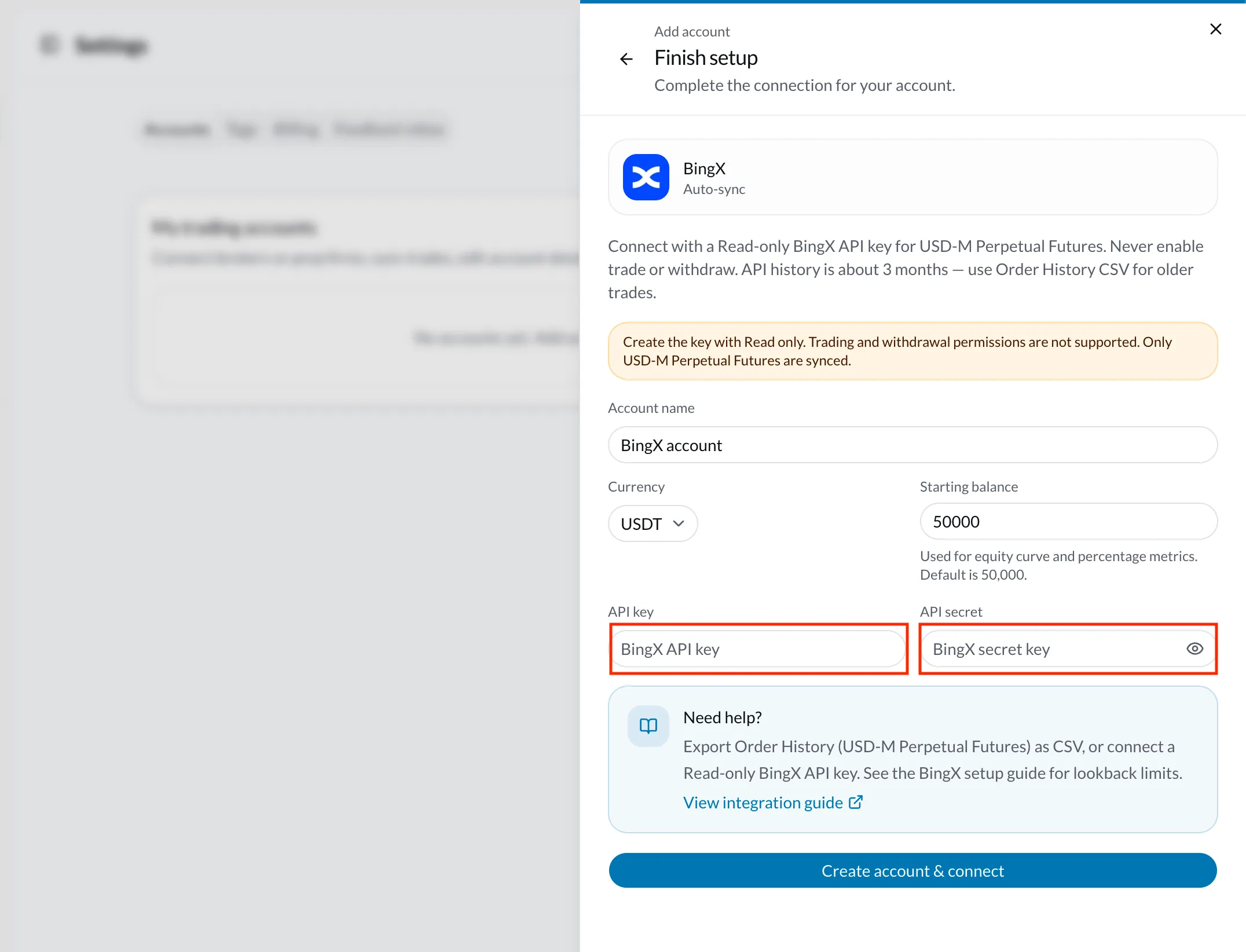 VeloTape Finish setup dialog with BingX API key and secret fields highlighted