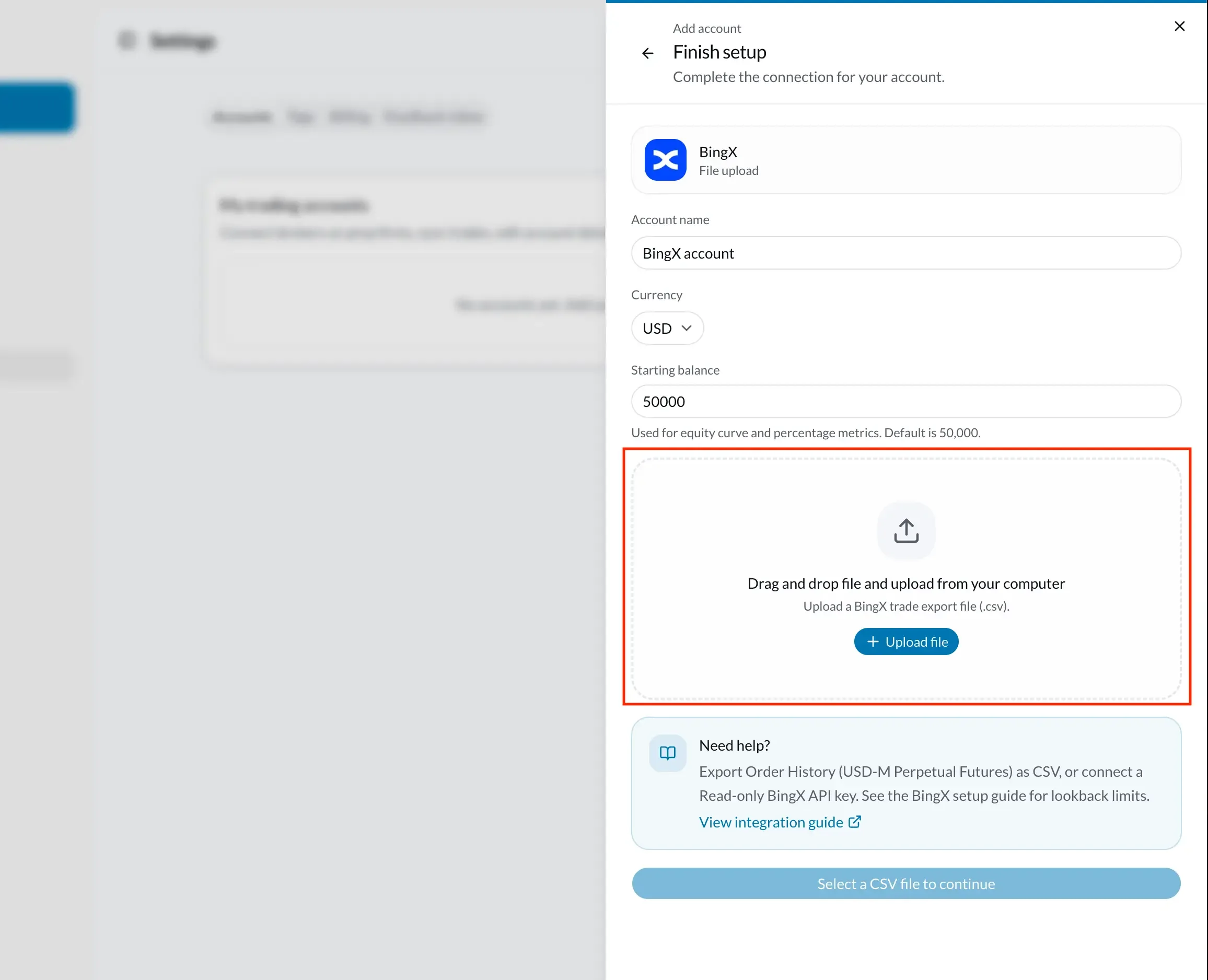 VeloTape Finish setup dialog with BingX CSV upload area highlighted