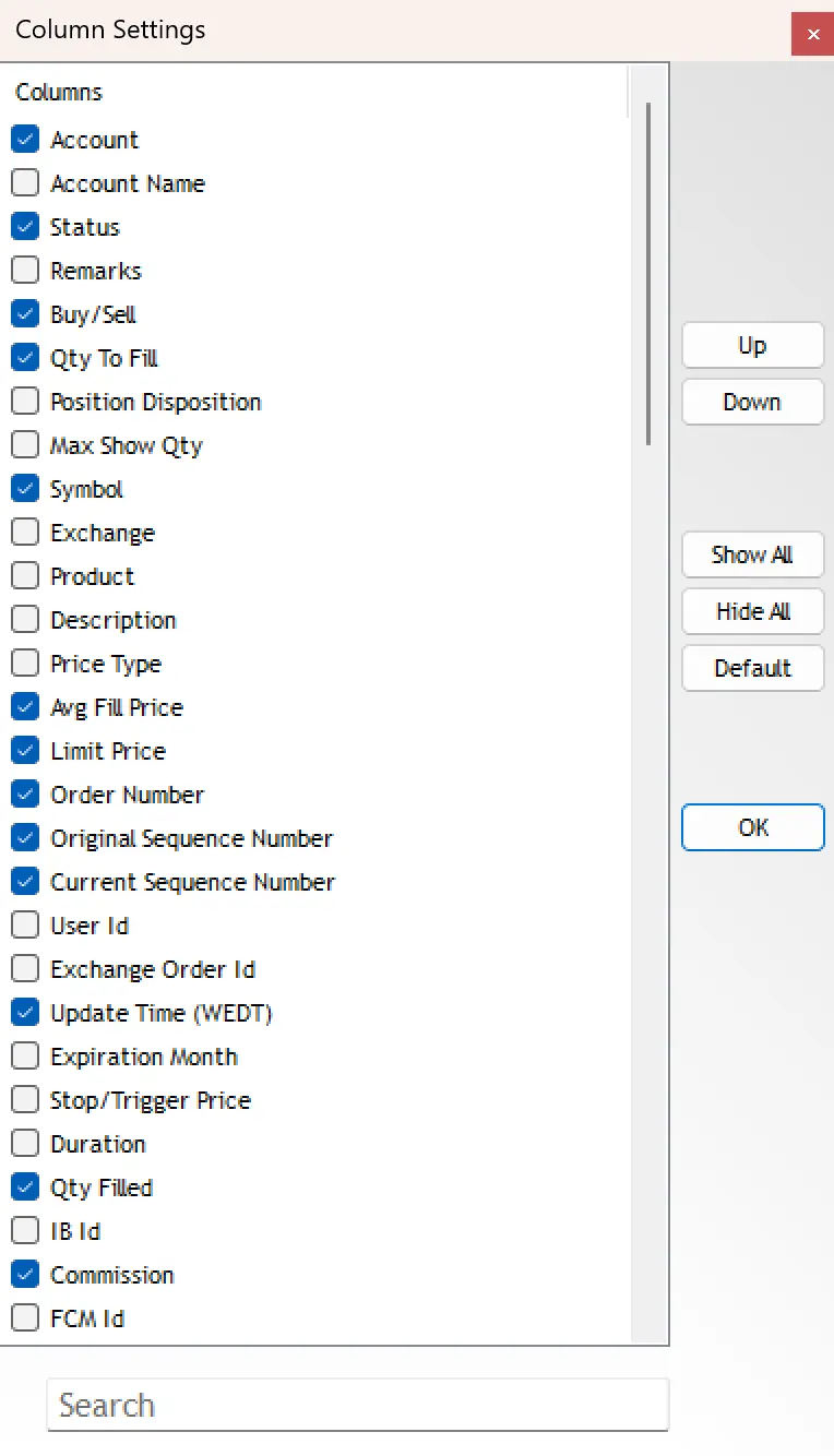 Finestra Column Settings con Qty Filled e le altre colonne richieste selezionate