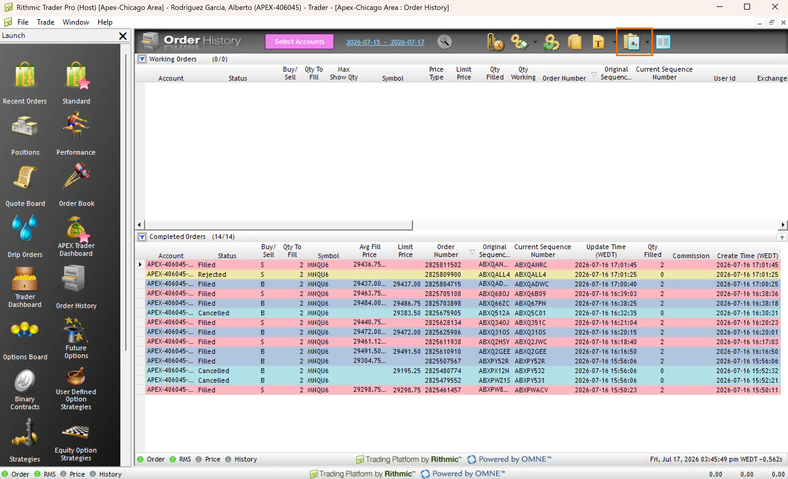Barra di Order History con Export As CSV evidenziato