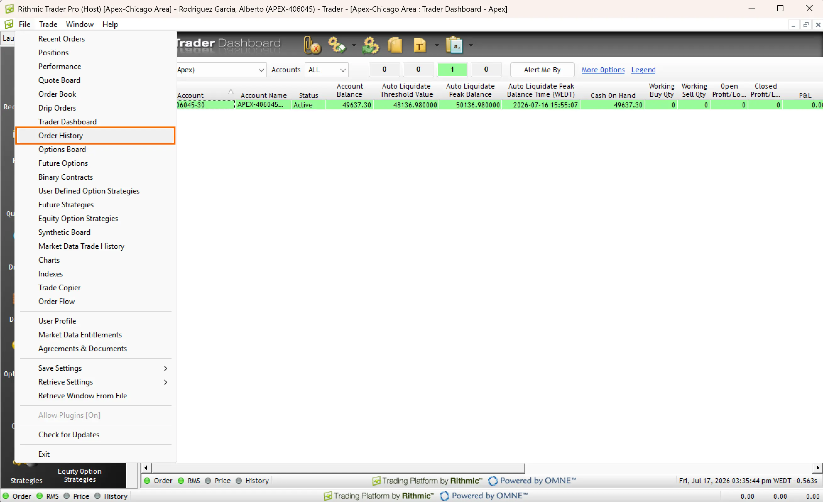 Menu File di R | Trader Pro con Order History evidenziato