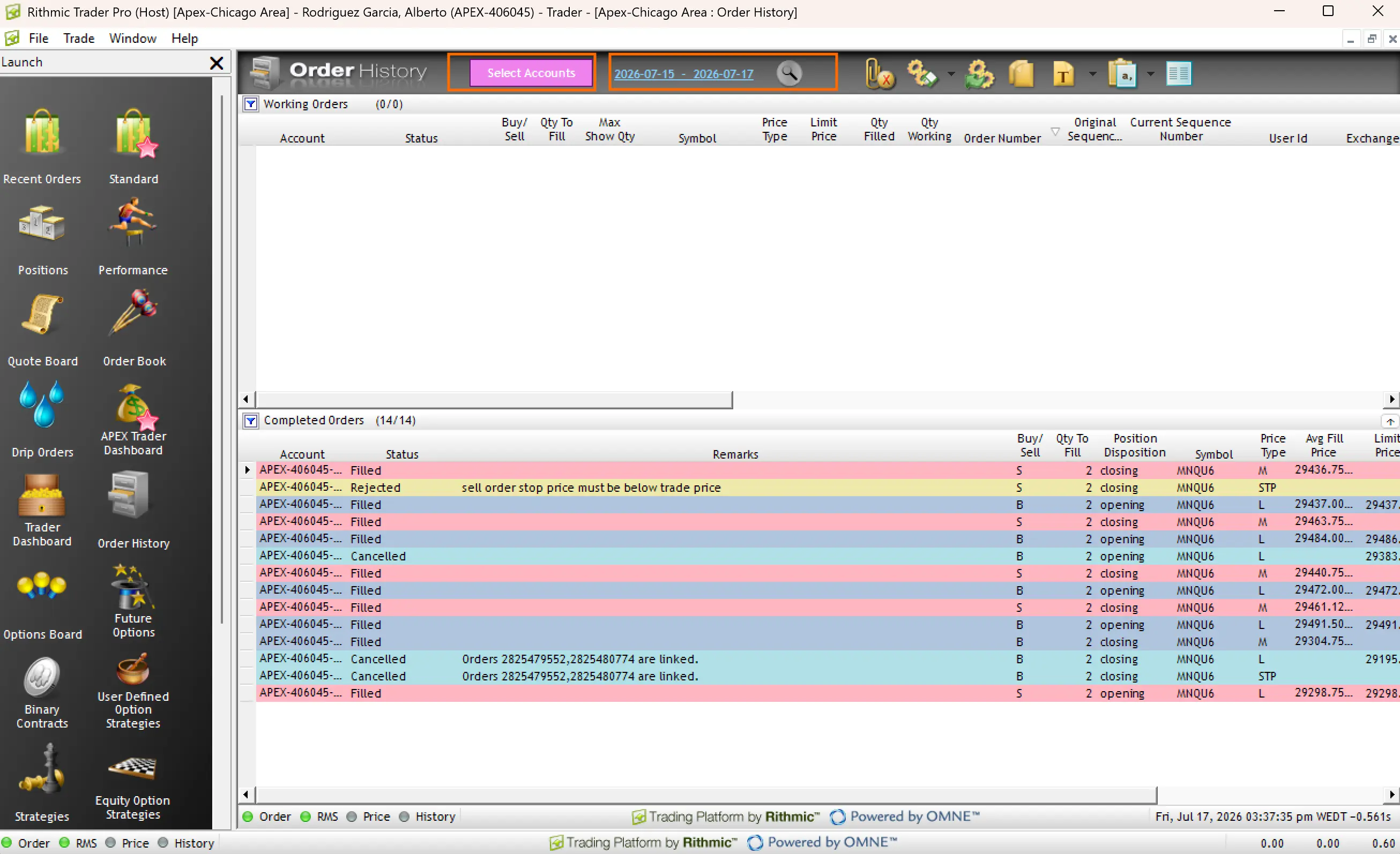 Order History di R | Trader Pro con Account e Date evidenziati