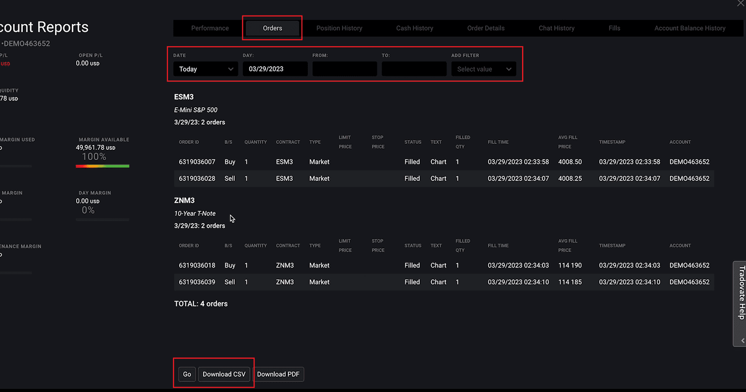 Tradovate Account Reports com Orders, intervalo de datas e Download CSV assinalados
