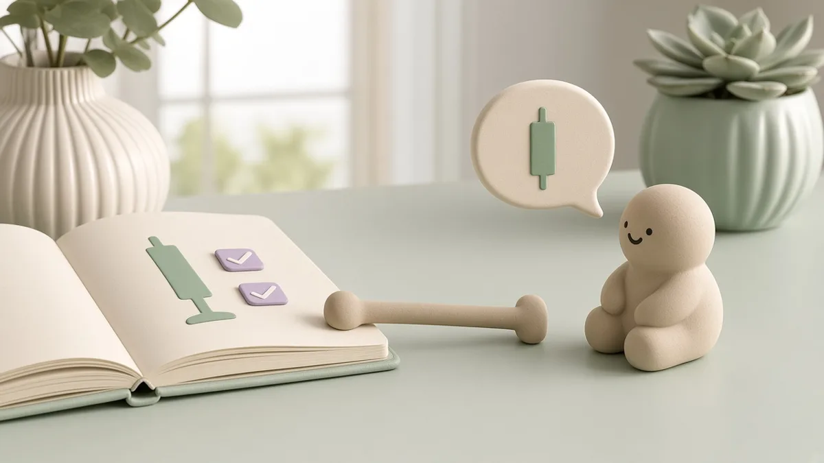 A clay journal with a candlestick and checks, beside a small figure whose speech bubble shows the same candlestick